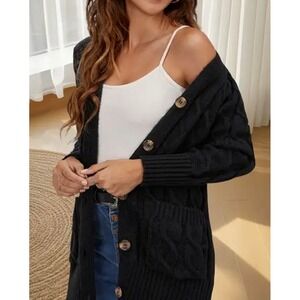 Kirundo Women Black Cable Knit Cardigan Oversized Button Front Sweater XL NWT